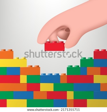 3d Kid hand building up a wall by stacking up the colorful wall block brick toy for banner, children sale promotion, flyer, online shop, poster, web, ads, and social media. vector illustration