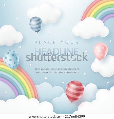 3D vector. cute colorful rainbow with balloon in the blue sky background for kid banner, children day card, birthday party, baby shower, online shop, sale promotion, baby fair, social media wallpaper