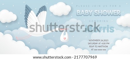 3d Baby shower banner invitation card with stork carrying a cute baby in a bag on blue sky background for greeting cards, children's album, invite birthday party, kid poster, It's a boy. vector