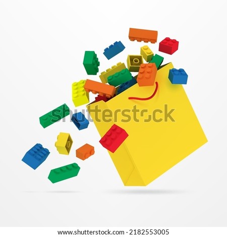 Yellow shopping bags filled with colorful building block brick toy floating outside for baby and kids store, sales promotion, online shop, ads , banner, clearance sale and social media. 3d vector