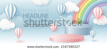 3D Vector baby product display podium banner with hot air balloon and rainbow on blue sky background for baby store, online shop, kid clothes and toys sale, discount promotion, social media, website 