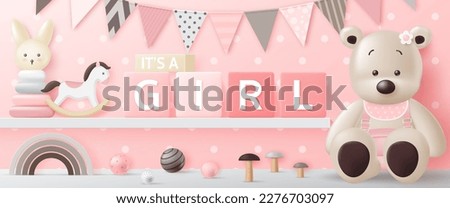 It’s a girl. Baby shower banner with cute bear, wooden toy and flags on pink background for kid banner, baby shower invitation, birthday greeting card, social media, wallpaper and website. 3d vector