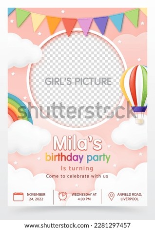 3D vector with hot air balloon and a rainbow pink background. Birthday invitation card for children, baby shower invite greeting card, kid party, social media, online, child photo frame. It's a girl