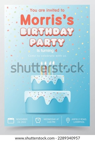 3D Birthday anniversary greeting card and kid party invitation template with cake and ribbon on the blue background for children. it's a boy. vector illustration