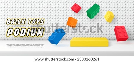 3D Vector toy display geometric stand podium banner template with Building block brick toy for kid product store, online shop, baby poster, sale discount promotion, social media, stage, post, ads