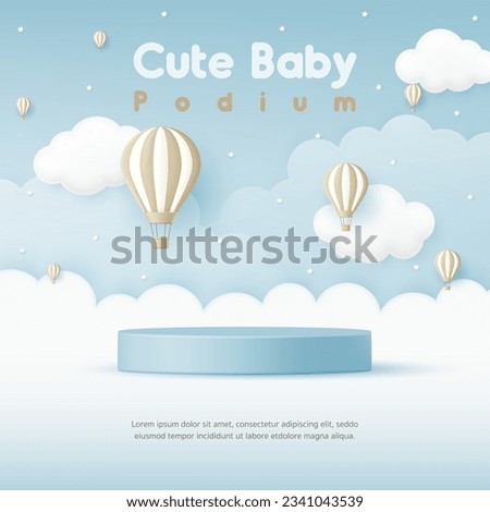 3D Vector Cute baby product display cylinder stand podium banner. Air balloon in the blue sky background for infant store, online shop, kid clothes toy, fashion discount promotion sale, social media.