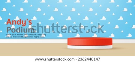 3D Vector kid toy display geometric stand podium banner, White Clouds on Blue Sky Background with wood floor for baby store, online shop, movie poster, story, sales promotion, social media, web, post