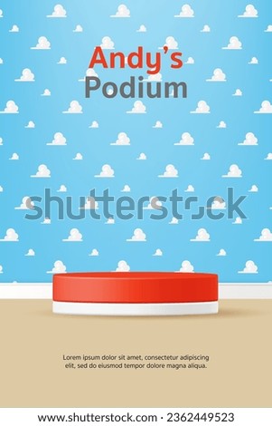 3D Vector kid toy display geometric stand podium banner, White Clouds on Blue Sky Background with wood floor for baby store, online shop, movie poster, story, sales promotion, social media, web, post