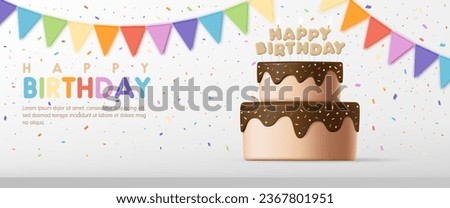 Happy birthday cake banner. Birthday greeting card with 3D cute chocolate cake, candle, colorful flag and ribbon background for kid birthday party, invitation, advertisement. Vector Illustration.