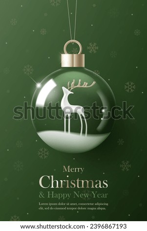 3D Vector Merry Christmas product podium banner. Glass snow ball, reindear, snowflake on green background. Luxury modern minimal decoration party, greeting card, promotion sale, social media post