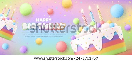 3D Happy birthday greeting card party template with cute rainbow cake, balloon, colorful background, baby anniversary event, kid banner, flyer, advertising, poster, social media, wallpaper, website