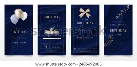 Set of Happy birthday invitation banner template. Birthday greeting card with 3D elegant cake, gold balloon, bow on blue background for luxury modern birthday anniversary party, invite cards. Vector