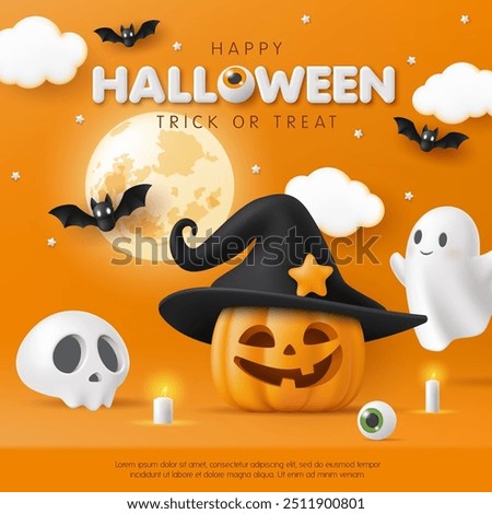 3D Happy Halloween banner template. Pumpkin, moon, skull, cute ghost, wizard hat on orange background. Website spooky, scary party, social media sale promotion poster, wallpaper. Trick or treat