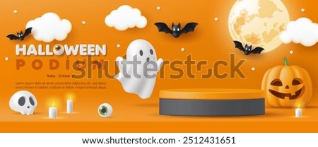 3D Happy Halloween product podium banner. Pumpkin, moon, skull, cute ghost on orange background. Spooky decoration party, scary greeting card, promotion sale website, social media post. Trick or treat