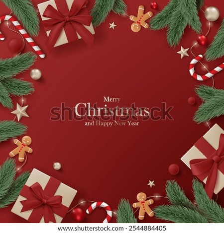 3D Merry Christmas luxury banner top view red background. Happy new year holiday realistic greeting card with gold gift box, decoration, red ball, pine leaves, lights garland and green tree branches