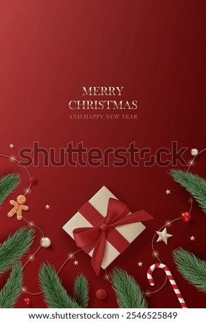 3D Merry Christmas luxury banner top view red background. Happy new year holiday realistic greeting card with gold gift box, decoration, red ball, pine leaves, lights garland and green tree branches