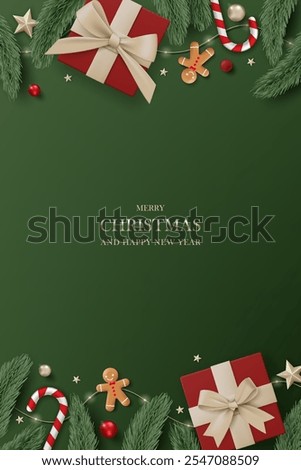 3D Merry Christmas luxury banner top view green background. Happy new year holiday realistic greeting card with gold gift box, decoration, red ball, pine leaves, lights garland and green tree branches