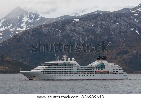 BEAGLE CHANNEL, CHILE - DECEMBER 10: Luxury cruise ship named the Seabourn Sojourn sails on the spectacular Beagle Channel, Chile at December 10, 2012. Overcast.