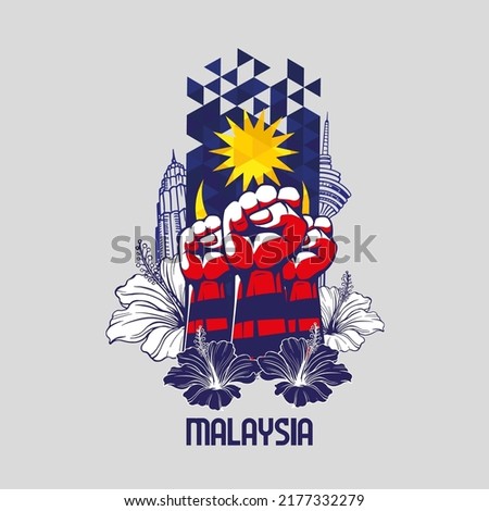 illustration of malaysia petronas twin tower with hibiscus. Related with malaysia independece day 2022