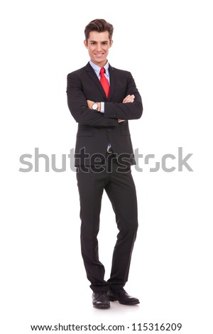 full body picture of a business man with arms crossed on white background