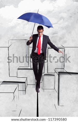 Business man in equilibrium on a rope over an illustrated  cityscape