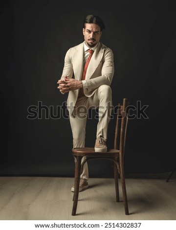 Image, Stock Photo Man leaning on wooden door