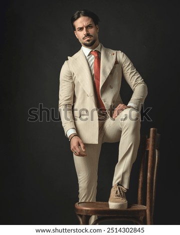 Similar – Image, Stock Photo Man stands on wooden bridge over river