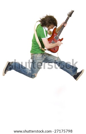 passionate guitarist jumps in the air