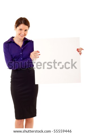 Young business woman holding blank sign isolated on white