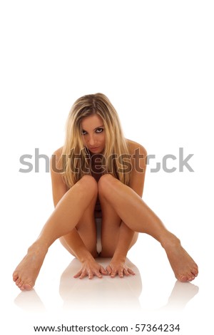 picture of a seated naked woman, standing on a white background