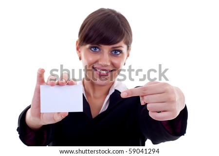 Portrait of business woman in suit holding her visiting card