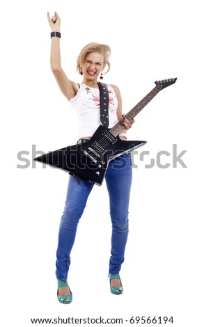 passionate rock star playing the guitar and making a rock sign