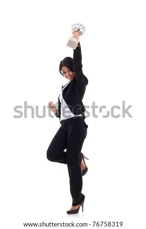 excited young business woman winning a trophy against white background