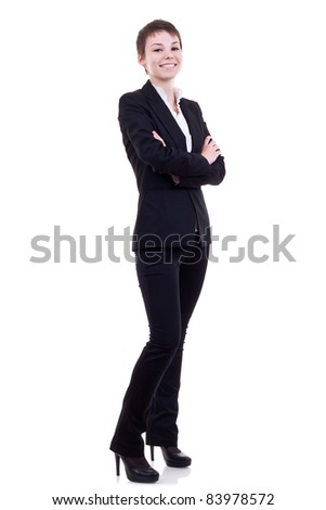 Full body portrait of business woman with crossed arms, isolated on white