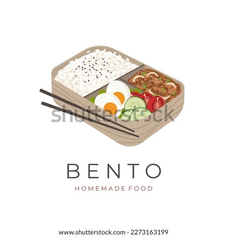 Vector Illustration Logo Traditional Wooden Bento Lunch Box Filled With Teriyaki Beef And Fresh Vegetables