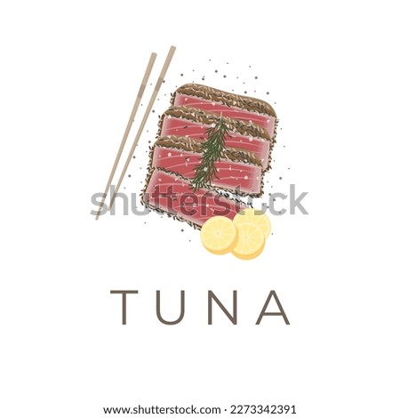 Vector Illustration Logo of Tuna Tataki Ahi Tuna or Fresh Tuna Meat Covered in Sesame and Eaten with Chopsticks