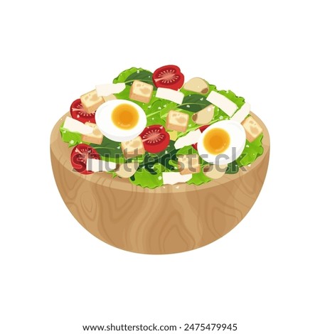 Vector illustration logo Clip art Caesar Salad on a wooden bowl