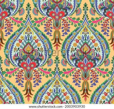Turkish decorative seamless pattern. Vintage Islamic colorful motif illustration in modern theme. Traditional folk artwork. Rococo wall. Exotic motif design hand drawn art,  Mughal vector background