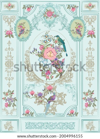 Vintage Victorian pastel floral wall. Baroque wall. Rococo painting. Bird illustration. frame. European Baroque wall art. 商業照片 © 