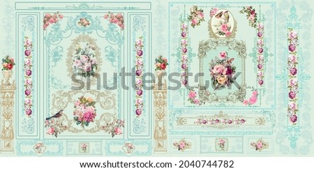 Vintage Victorian pastel floral wall. Baroque wall. Rococo painting. Bird illustration. frame. European Baroque wall art 商業照片 © 