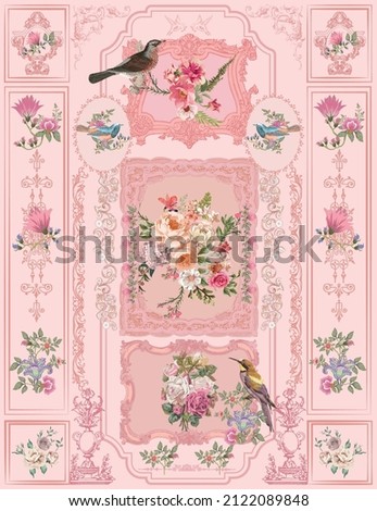 Vintage Victorian pastel pink floral wall. Baroque wall. Rococo painting 商業照片 © 