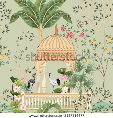 Traditional Mughal garden, lotus, arch, temple, lamp, bird vector illustration seamless pattern for wallpaper