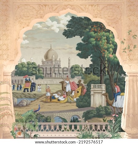 Traditional Indian landscape, arch, peacock, plant, elephant, camel, caravan and palace vector illustration for wallpaper. Company art. East Indian painting. Far east