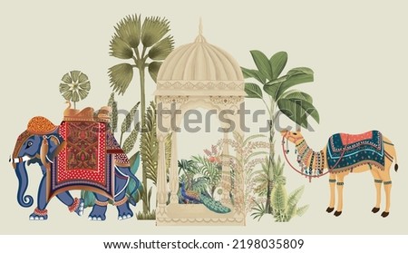 Traditional Mughal Elephant, camel caravan vector illustration