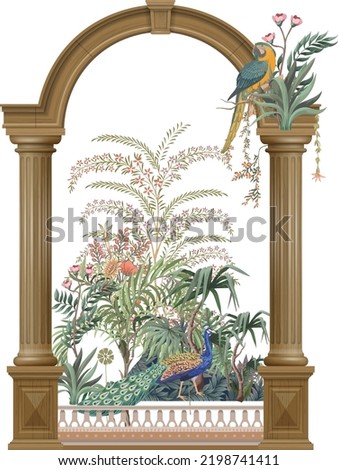 Classical Greek arch, garden, peacock, parrot illustration vector art