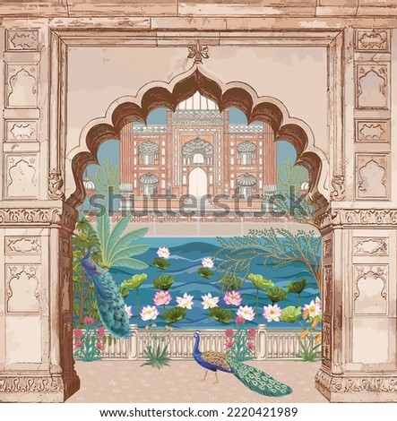 Traditional Mughal arch garden, peacock bird, landscape vector illustration pattern