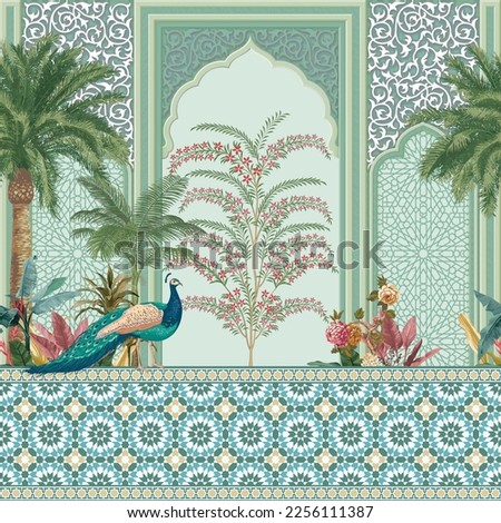 Traditional Moroccan decorative wallpaper with peacock, dates tree, plant