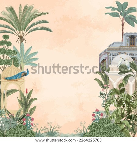 Traditional Mughal garden for wedding invitation. Vector illustration frame