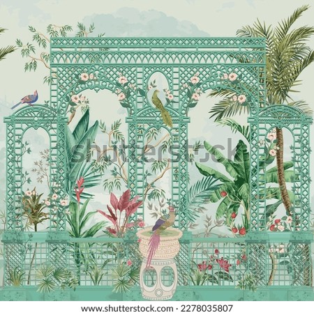 French style trellis garden with flower, rose, bird, vase, palm tree and plants illustration pattern for wallpaper