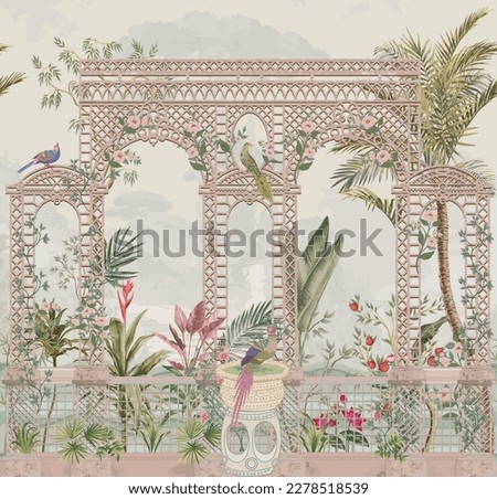 French style trellis garden with pink flower, rose, bird, vase, palm tree and plants illustration pattern for wallpaper